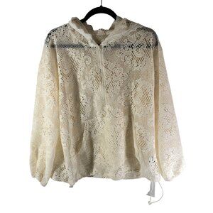 Dazy Womens Crochet Hoodie Top 1/4 Zip Pullover Pockets Ivory XL